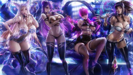 ahri (league of legends) akali animal ears blonde hair braids breast hold breasts brown eyes brown hair choker cleavage evelynn foxgirl garter gloves group hat heart kai'sa league of legends long hair microphone multiple tails navel panties pink eyes pink hair ponytail purple eyes purple hair realistic sakimichan skintight skirt tail thighhighs underboob underwear watermark wristwear yellow eyes