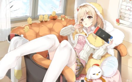 aliasing animal asahi kuroi bird blonde hair blush cape couch food fruit game console hood long hair orange (fruit) original signed skirt thighhighs twintails yellow eyes