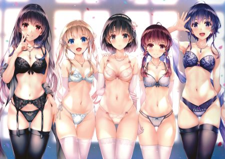 black hair blonde hair blue eyes blue hair blush bra breasts brown eyes cameltoe cleavage elbow gloves fang garter belt gloves group hashima izumi headband hyoudou michiru kasumigaoka utaha katou megumi long hair misaki kurehito navel necklace panties purple eyes red eyes red hair saenai heroine no sodatekata sawamura spencer eriri short hair stockings thighhighs twintails underwear