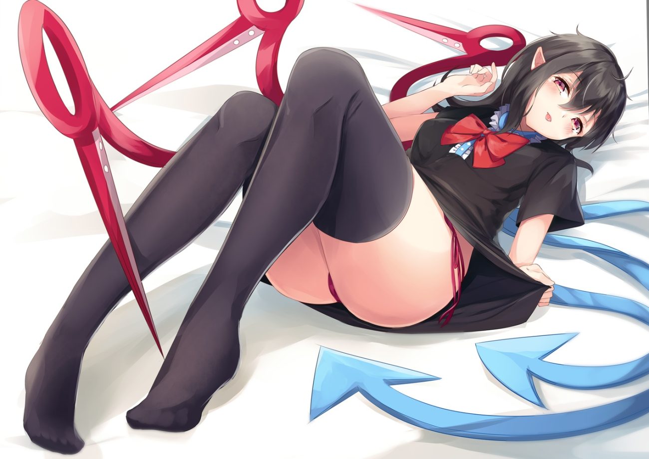 black hair blush bow dress houjuu nue igayan panties pointed ears red eyes skirt lift thighhighs touhou underwear wings