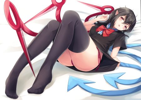 black hair blush bow dress houjuu nue igayan panties pointed ears red eyes skirt lift thighhighs touhou underwear wings