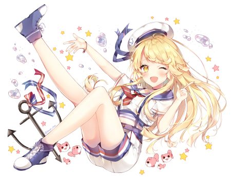 animal bang dream! blonde hair blush choker fish hat long hair school uniform shorts signed stars taya oco tsurumaki kokoro water wink wristwear yellow eyes