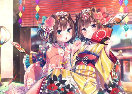 animal ears brown hair fan green eyes japanese clothes jpeg artifacts kimono nemuri nemu original short hair
