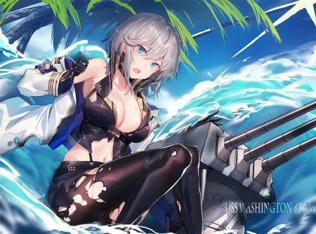 anthropomorphism aqua eyes azur lane breasts cleavage echj gloves gray hair navel pantyhose short hair torn clothes uniform washington (azur lane) water weapon