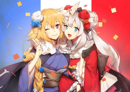 2girls aqua eyes blonde hair blue eyes braids fate/grand order fate (series) flowers gray hair japanese clothes jeanne d'arc (fate) kimono long hair marie antoinette (fate/grand order) no-kan ponytail rose wink