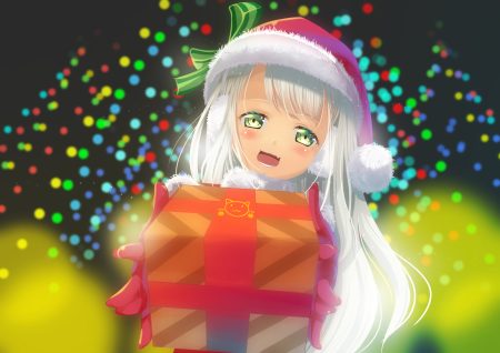blush cat smile christmas fang gloves gray hair green eyes hat long hair nashigo original santa hat