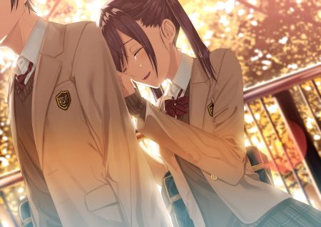 bow brown hair crying kukiha long hair male original school uniform skirt tears twintails
