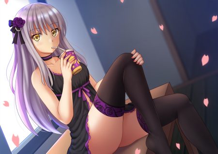 bang dream! blush choker drink gray hair kazenokaze long hair minato yukina petals thighhighs yellow eyes