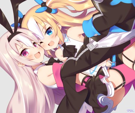 2girls animal ears anthropomorphism aqua eyes azur lane bunny ears bunnygirl cat smile fang garter belt headband hobby (azur lane) kalk (azur lane) loli long hair pink eyes pink hair shorts signed skirt supershiruco thighhighs twintails wink