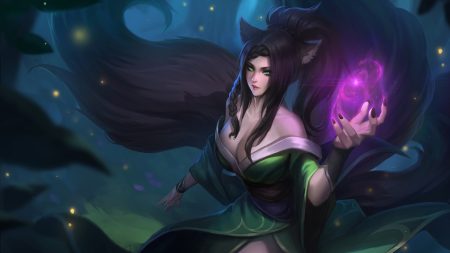 ahri (league of legends) animal ears black hair braids breasts catgirl cleavage forest green eyes japanese clothes kimono league of legends long hair magic nguyen uy vu night ponytail tail tree wristwear