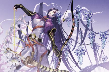 armor ass bodysuit bow (weapon) breasts erect nipples fate/grand order fate (series) flowers gloves gradient katana long hair minamoto no yorimitsu (fate) purple eyes purple hair skintight sword tsurukame weapon