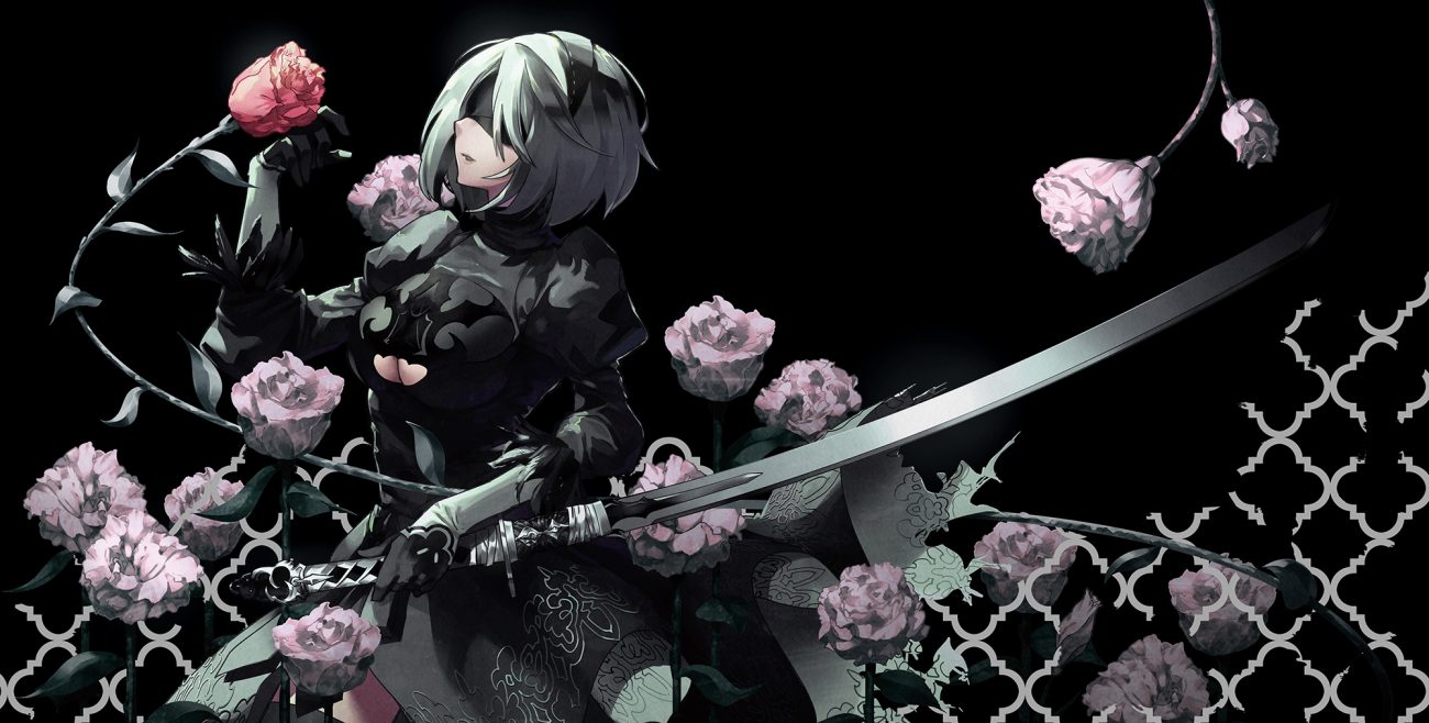 blindfold breasts cleavage dress flowers gloves gray hair headband katana nier nier: automata rose short hair sword tsurukame weapon yorha unit no. 2 type b
