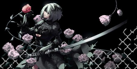 blindfold breasts cleavage dress flowers gloves gray hair headband katana nier nier: automata rose short hair sword tsurukame weapon yorha unit no. 2 type b