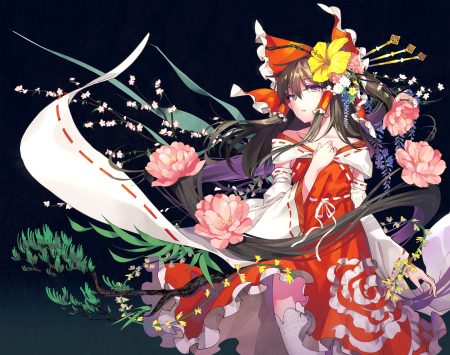 bow brown hair flowers hakurei reimu headdress japanese clothes long hair miko purple eyes thighhighs touhou tsurukame