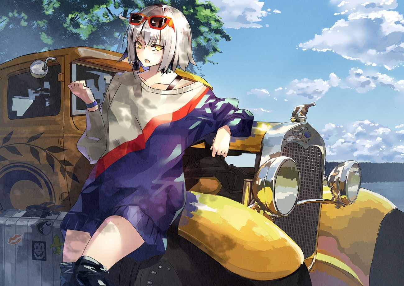 boots car clouds fate/grand order fate (series) gray hair jeanne d'arc alter jeanne d'arc (fate) short hair sky sunglasses thighhighs tree tsurukame wristwear yellow eyes
