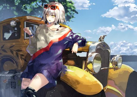 boots car clouds fate/grand order fate (series) gray hair jeanne d'arc alter jeanne d'arc (fate) short hair sky sunglasses thighhighs tree tsurukame wristwear yellow eyes