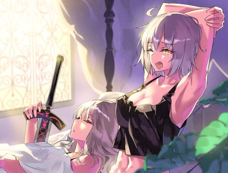 2girls artoria pendragon (all) bed breasts cleavage fate/grand order fate (series) gray hair jeanne d'arc alter jeanne d'arc (fate) long hair saber saber alter short hair sleeping sword tsurukame weapon wink yellow eyes