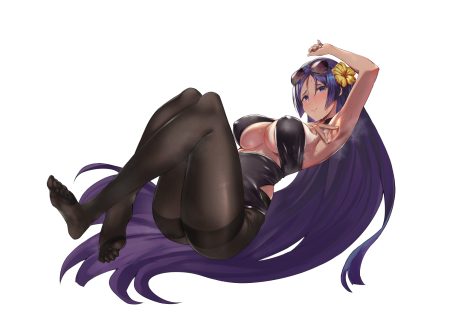 blue eyes blush breasts erect nipples fate/grand order fate (series) kakumayu long hair minamoto no yorimitsu (fate) pantyhose purple hair sunglasses wet white