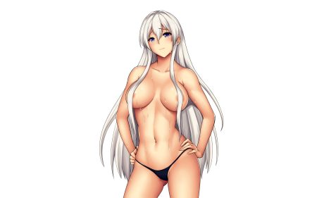 anthropomorphism arcie albano azur lane bikini breasts enterprise (azur lane) long hair navel purple eyes swimsuit third-party edit topless wet white white hair