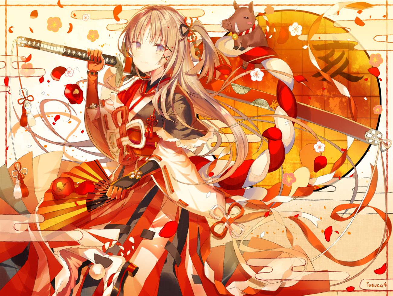 animal armor brown hair elbow gloves fan flowers gloves io enishi japanese clothes katana kimono long hair original petals signed sword weapon yellow eyes