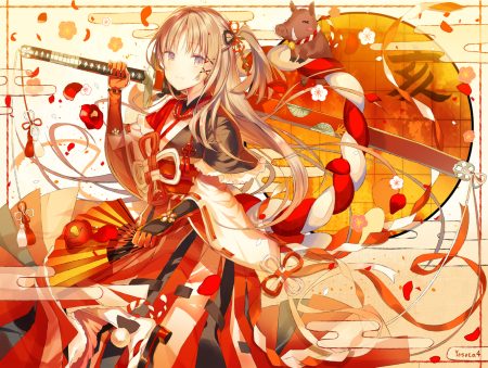 animal armor brown hair elbow gloves fan flowers gloves io enishi japanese clothes katana kimono long hair original petals signed sword weapon yellow eyes