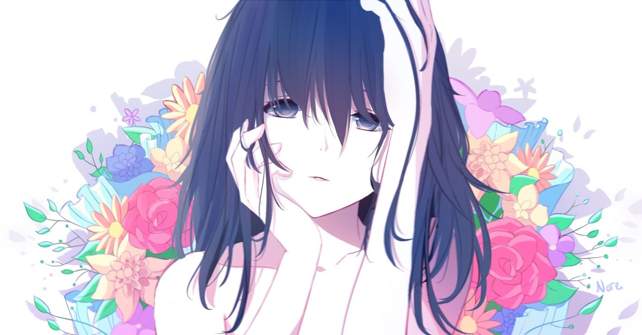 black eyes black hair close flowers long hair noreth original signed white