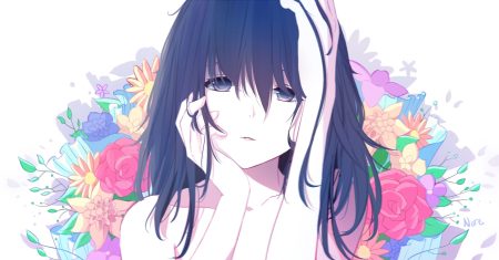 black eyes black hair close flowers long hair noreth original signed white