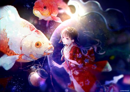 animal black hair blue eyes braids fish japanese clothes kimono long hair original watermark yumemitsuki125