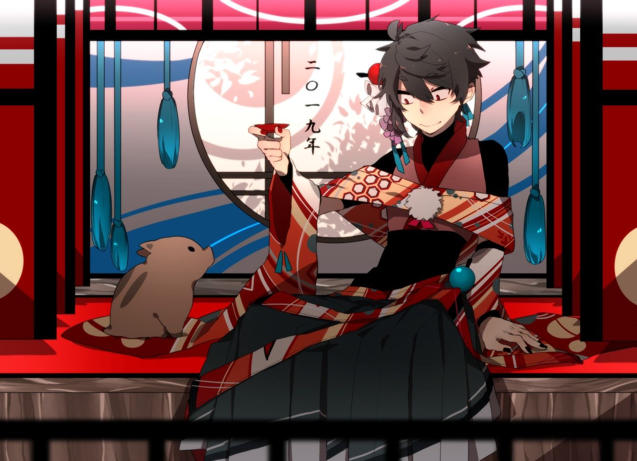 all male animal black hair male original red eyes short hair tagme (artist)