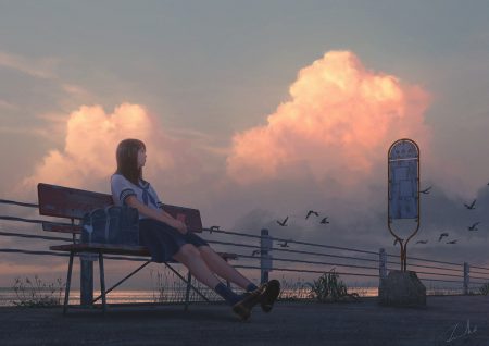 animal bird black hair clouds grass long hair original phone school uniform signed skirt sky socks sunset tamaki (tamaki illust) water