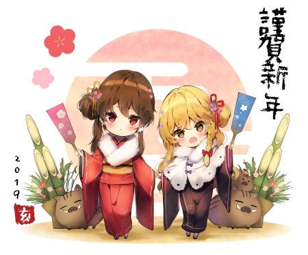 2girls animal blonde hair bow braids brown eyes brown hair cape hakurei reimu japanese clothes kimono kirisame marisa piyokichi red eyes touhou white