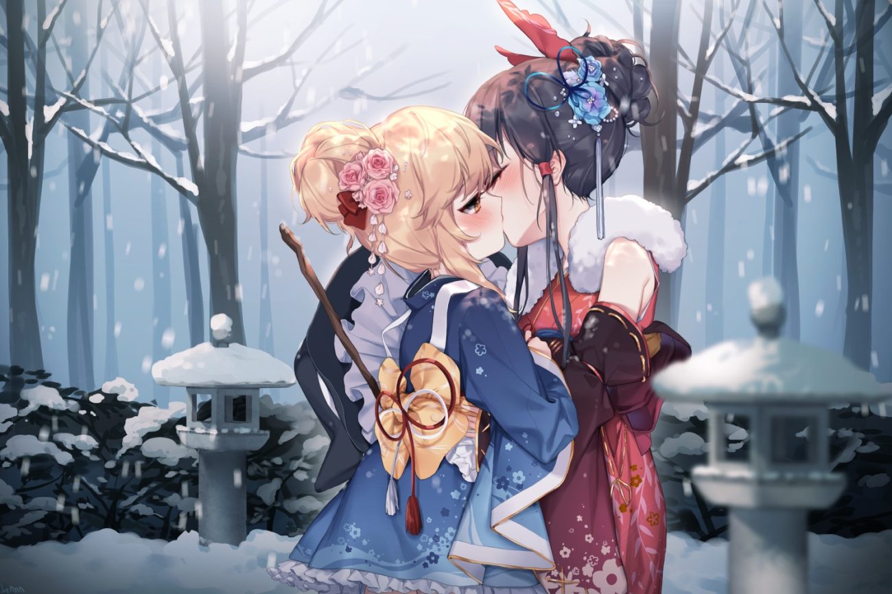 2girls black hair blonde hair flowers forest hajin hakurei reimu hat japanese clothes kimono kirisame marisa kiss lolita fashion orange eyes ponytail short hair shoujo ai snow touhou tree winter witch witch hat