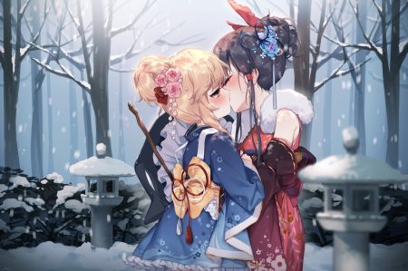 2girls black hair blonde hair flowers forest hajin hakurei reimu hat japanese clothes kimono kirisame marisa kiss lolita fashion orange eyes ponytail short hair shoujo ai snow touhou tree winter witch witch hat
