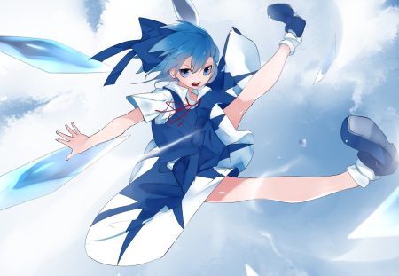 blue eyes blue hair cirno dress fairy ikurauni short hair touhou wings
