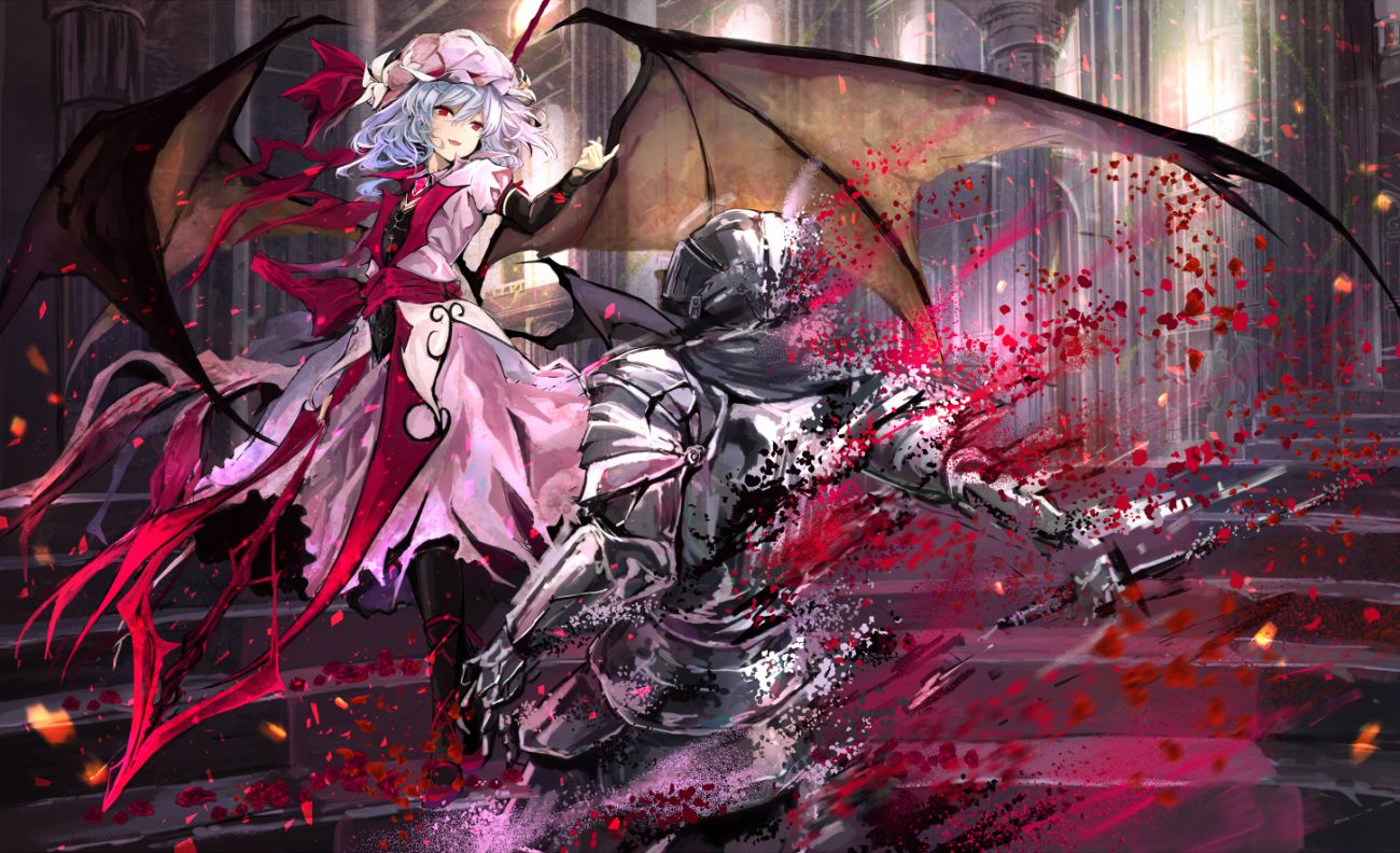 armor blue hair dress fang hat petals red eyes remilia scarlet short hair stairs touhou vampire wings yukishiro arute