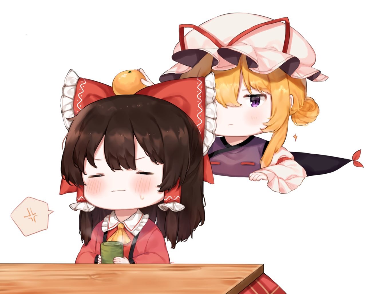 2girls blonde hair blush brown hair drink food fruit hakurei reimu hat kotatsu orange (fruit) purple eyes touhou useq1067 white yakumo yukari