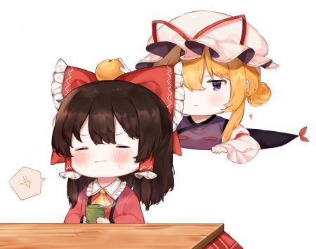 2girls blonde hair blush brown hair drink food fruit hakurei reimu hat kotatsu orange (fruit) purple eyes touhou useq1067 white yakumo yukari