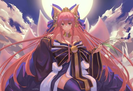 animal ears clouds fate/grand order fate (series) foxgirl headdress japanese clothes kimono long hair lucidsky moon multiple tails orange eyes pink hair sky tail tamamo no mae (fate) thighhighs watermark