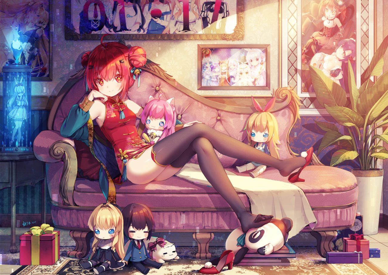 bell chinese clothes chinese dress couch doll dress mvv nopan original red eyes red hair short hair signed thighhighs vivian (mvv)