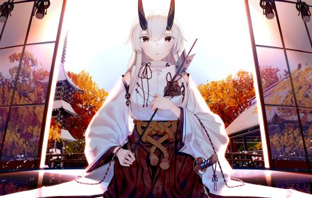 atha fate/grand order fate (series) horns japanese clothes katana long hair miko red eyes sword tomoe gozen weapon white hair