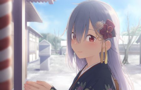 close gray hair japanese clothes kimono long hair mikazuchi zeus original red eyes shrine tree