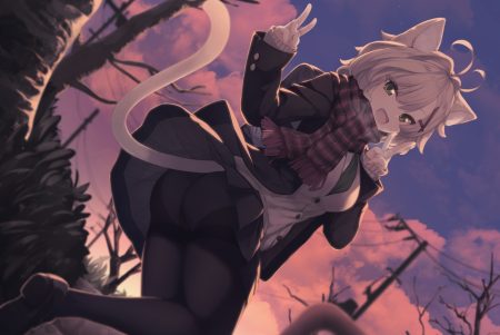 animal ears ass catgirl clouds fang gray hair green eyes natsuki teru nekomiya ryuu original panties pantyhose scarf school uniform short hair skirt sky sunset tail tree underwear upskirt