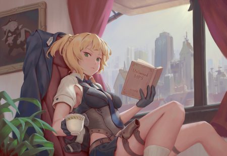 anthropomorphism bigrbear blonde hair book braids building city corset drink garter girls frontline gloves green eyes jpeg artifacts ponytail skirt socks tie welrod mkii (girls frontline)