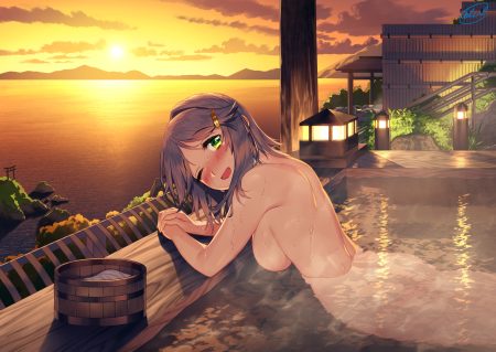 anthropomorphism blew andwhite blush breasts brown hair building clouds fang green eyes jpeg artifacts kantai collection kuroshio (kancolle) nude onsen scenic short hair signed sky sunset torii water wet wink