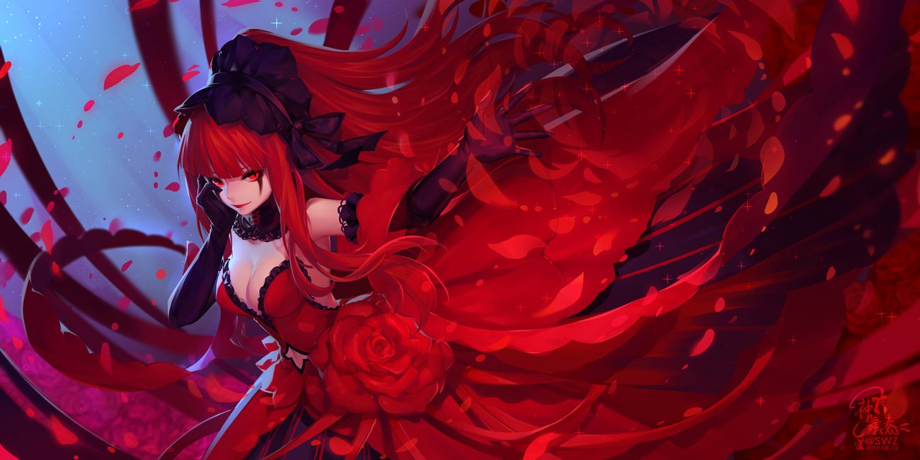 breasts cleavage dress elbow gloves flowers forever 7th capital gloves headdress kanmai x sou long hair navel red eyes red hair rose