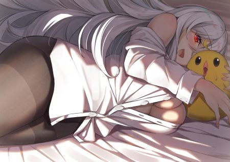 anthropomorphism azur lane bed blush breasts cleavage graf zeppelin (azur lane) long hair manjuu (azur lane) no bra pantyhose red eyes shirt white hair yamanokami eaka