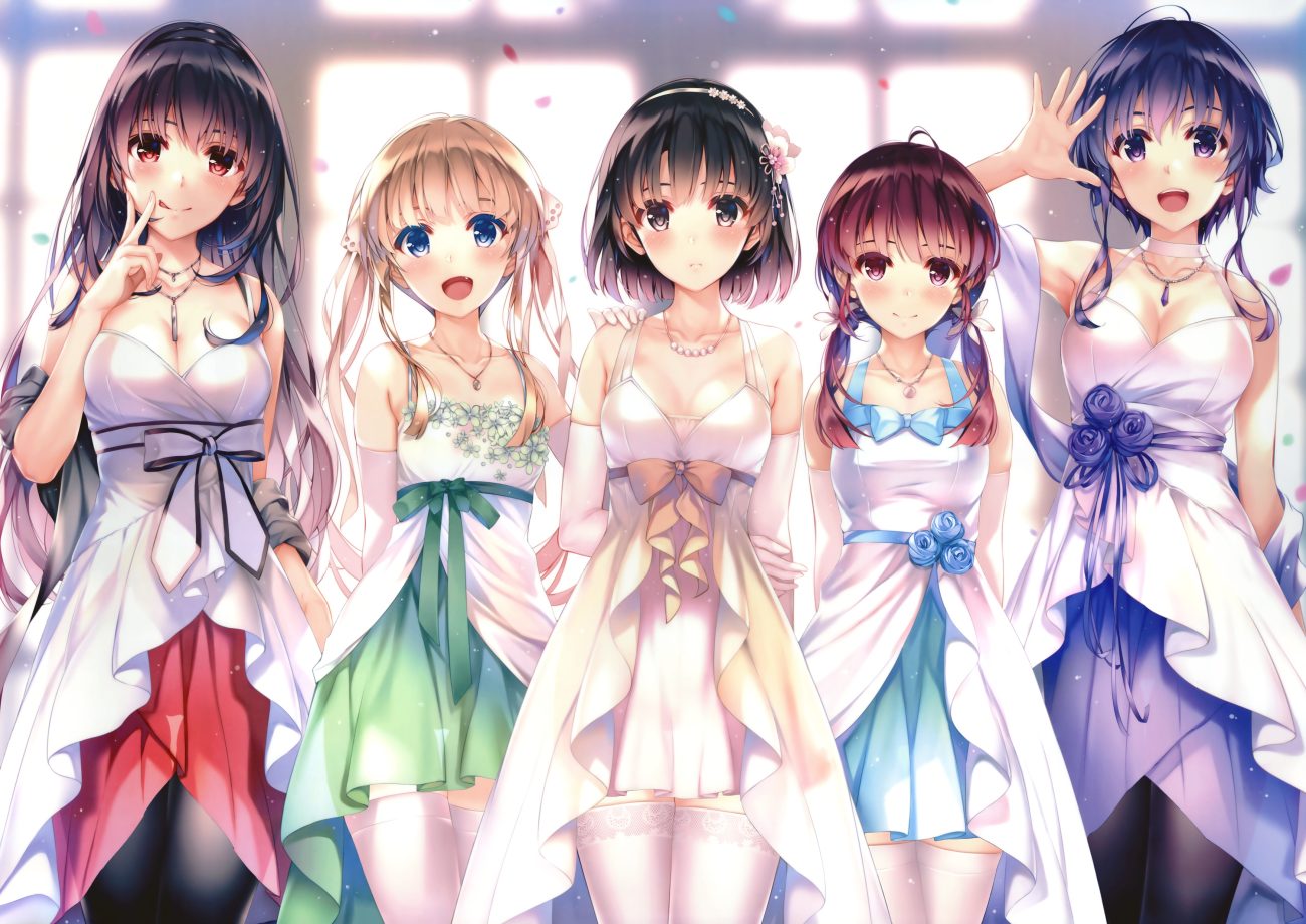 black hair blonde hair blue eyes blue hair blush breasts brown eyes cleavage dress elbow gloves fang garter belt gloves group hashima izumi headband hyoudou michiru kasumigaoka utaha katou megumi long hair misaki kurehito navel necklace purple eyes red eyes red hair saenai heroine no sodatekata sawamura spencer eriri short hair thighhighs twintails underwear
