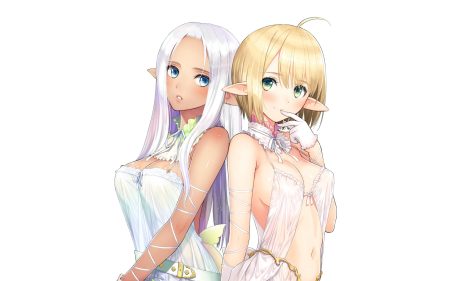 2girls aqua eyes blonde hair breasts cleavage dark skin long hair navel pointed ears short hair sideboob taka tony third-party edit white white hair