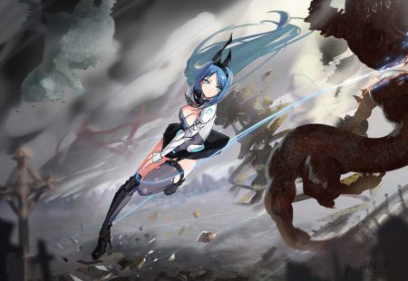 aqua eyes blue hair breasts cleavage headband liyou-ryon long hair original signed skirt stockings thighhighs