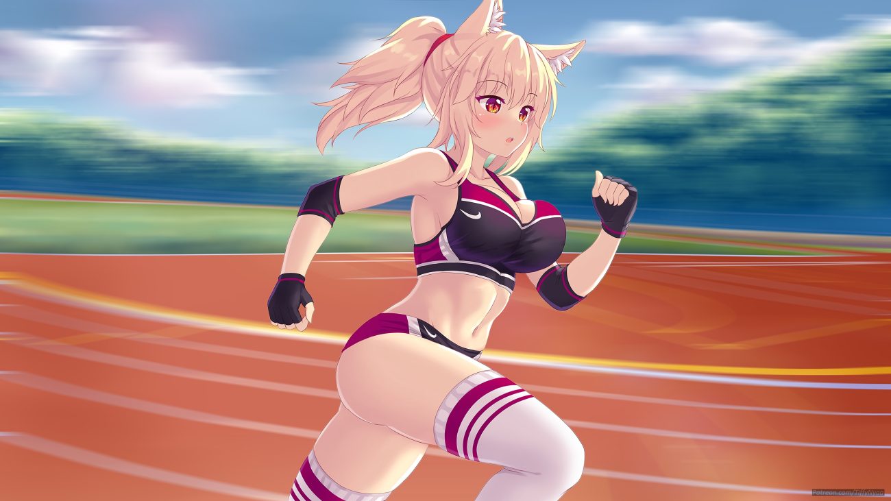 animal ears blonde hair breasts catgirl cleavage fast-runner-2024 gym uniform orange eyes original ponytail signed thighhighs third-party edit tiffy